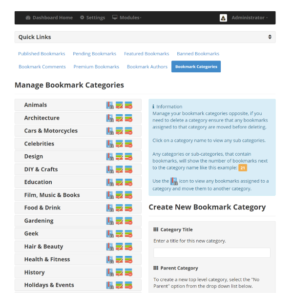Bookmarks Management Section